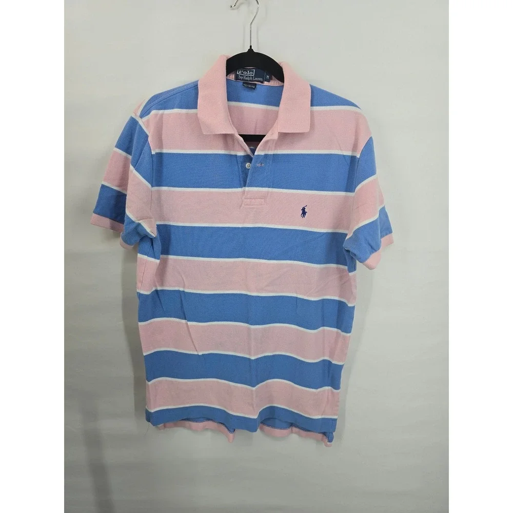 Polo Ralph Lauren Mens Medium Pink Blue Striped Short Sleeve Pique Polo Shirt